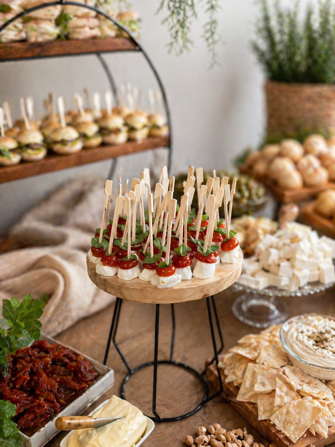 Mesa de brunch com mini-burgers em torre, canapés caprese e antepastos
