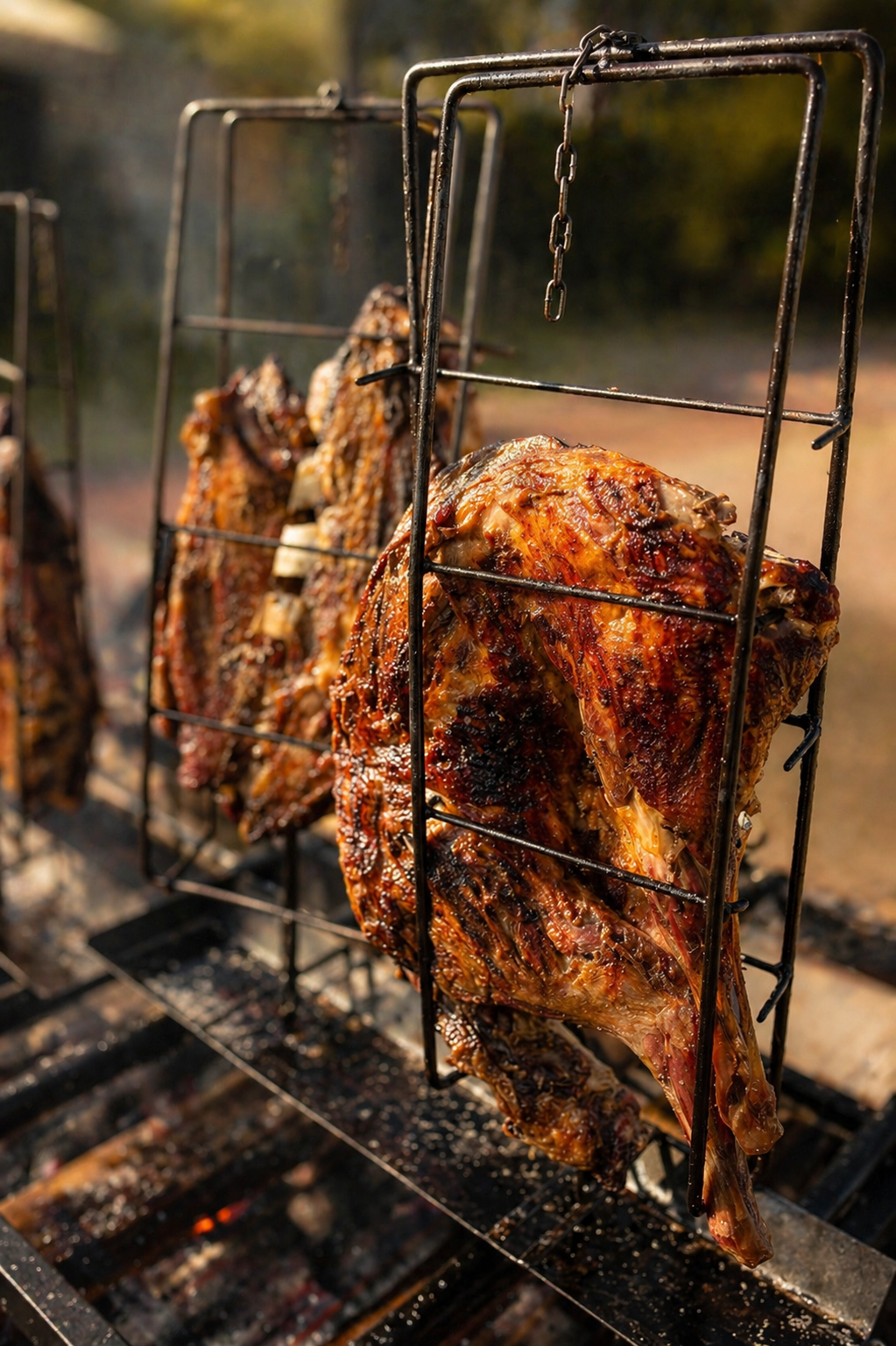 Costela e cortes nobres assados em espetos de ferro no fogo de chão