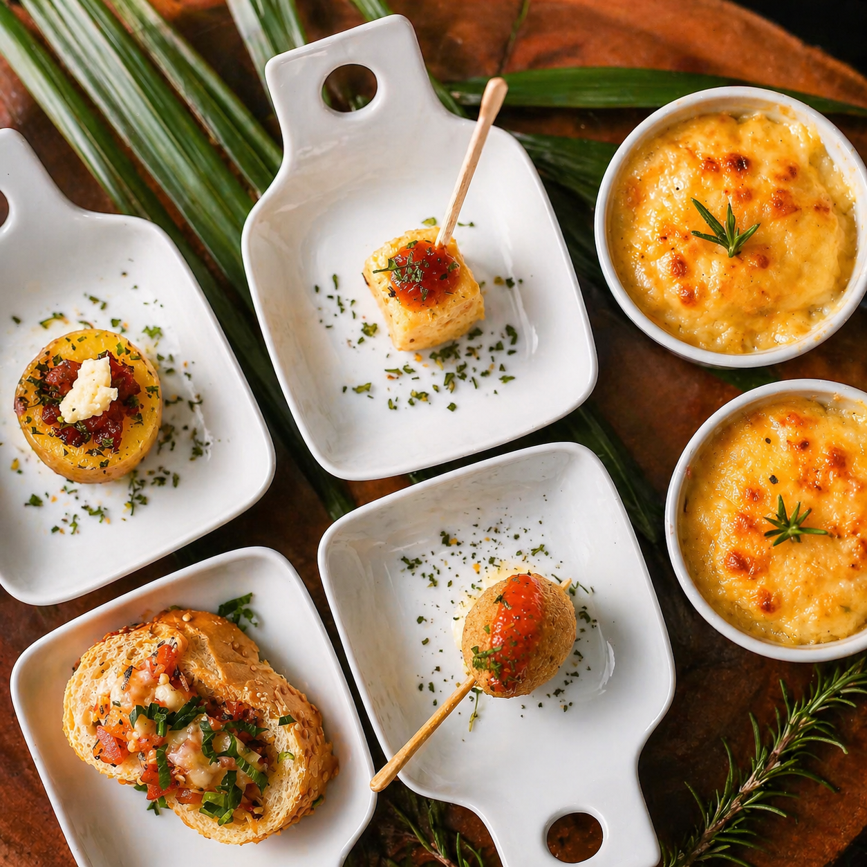 Conjunto de entradas — polenta crocante, gratinados e bruschetta em pratos individuais