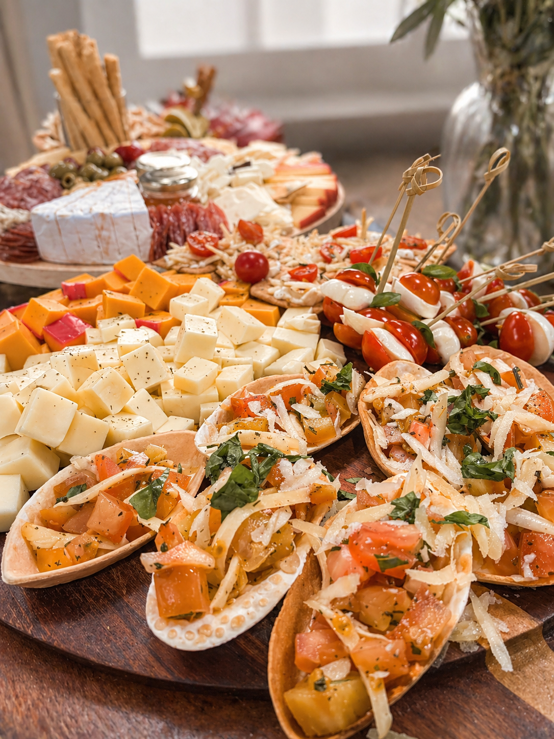 Mesa de frios com seleção de queijos em cubos, charcuterie, brie e canapés