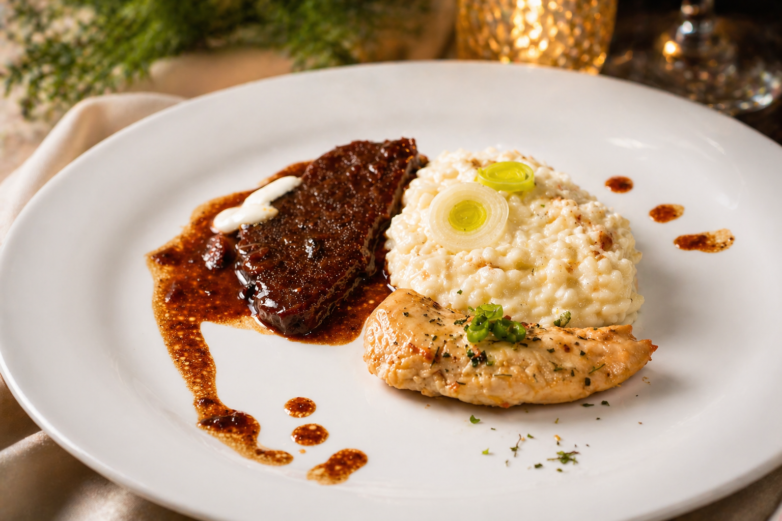 Prato principal com filé ao molho de vinho tinto, risoto e peito de frango