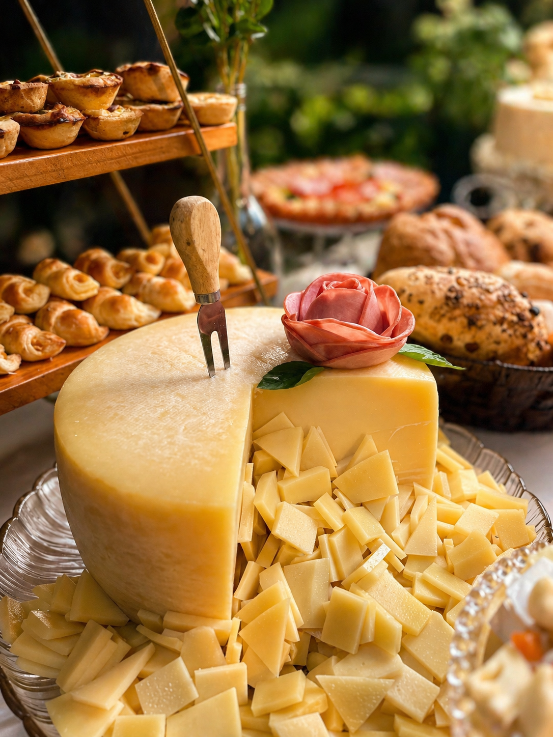 Peça de queijo curado com faca-garfo de madeira e fatias finas dispostas ao redor