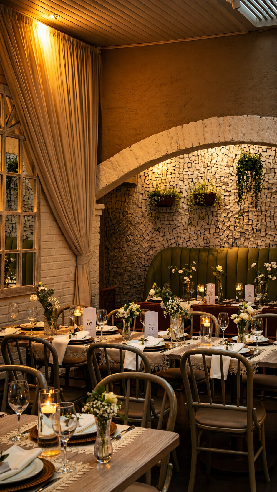 Salão romântico com mesas postas, velas e ambientação floral