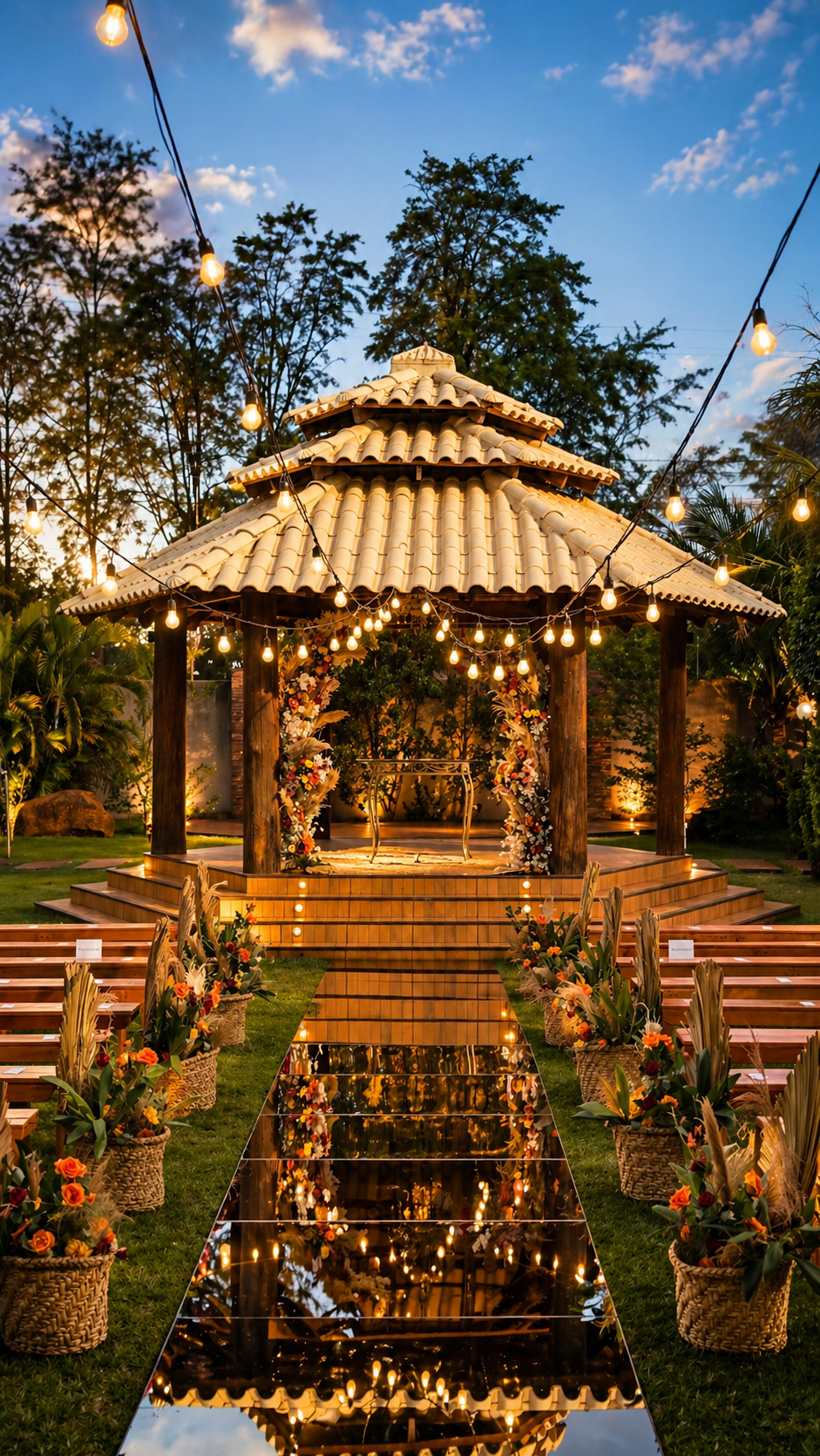 Cerimônia ao ar livre em gazebo iluminado ao entardecer, com aisle espelhado e flores