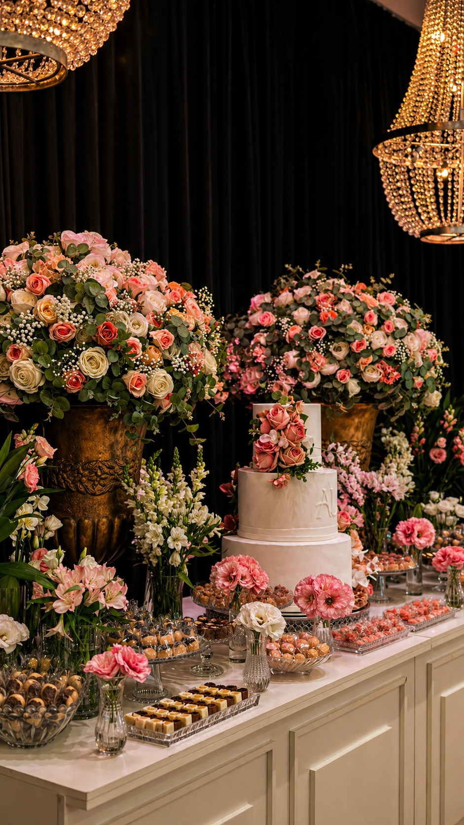 Mesa do bolo com arranjos florais naturais em tons de rosa e branco